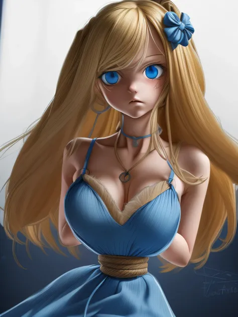 ((masterpiece)), ((highest quality)), (super detailed), torture chamber,(((Waist bound tightly with rope))),pretty girl, 1 girl, alone,sky blue tank top one piece dress,beautiful blonde hair, (beautiful blue eyes), long hair, expression of agony