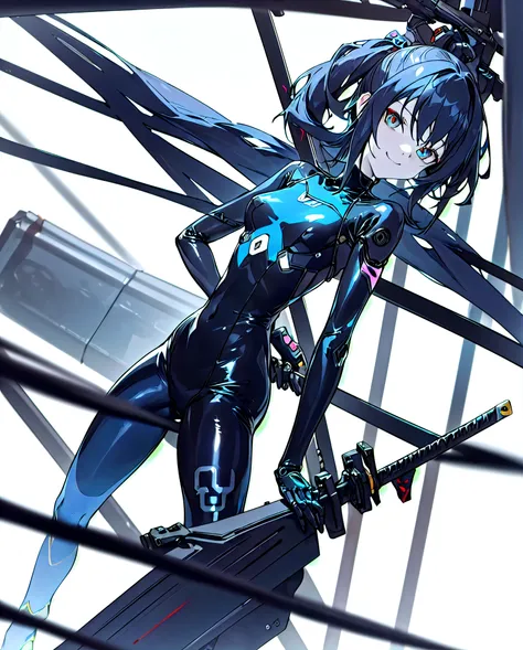 Highest quality 8K Ultra HD、Black Metallic Hidden Skin Latex Wetsuit , blue archive art style , ,pastel colors , Wearing a mix of futuristic tights and Sword Art Online clothing,((1 mechanical girl)),(Mechanical vertebrae attached to the back), Cyberpunk H...