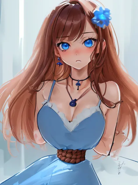 ((masterpiece)), ((highest quality)), (super detailed), torture chamber,(((Waist bound tightly with rope))),pretty girl, 1 girl, alone,pink tank top one piece dress,beautiful brown hair, (beautiful blue eyes), long hair, expression of agony