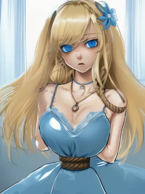 ((masterpiece)), ((highest quality)), (super detailed), torture chamber,(((Waist bound tightly with rope))),pretty girl, 1 girl, alone,sky blue tank top one piece dress,beautiful blonde hair, (beautiful blue eyes), long hair, expression of agony