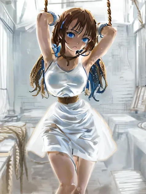 ((masterpiece)), ((highest quality)), (super detailed), torture chamber,(((Waist bound tightly with rope))),pretty girl, 1 girl, alone,white tank top one piece dress,beautiful brown hair, (beautiful blue eyes), long hair, expression of agony