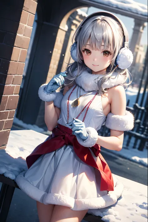 (table top, highest quality:1.2), 1 girl, alone, cute, cute, digital art、snow scene、Gun holder at waist、Barbary skirt、Snowy town background,daytime, embarrassed look, silver hair(short)、red gloves、fur earmuffs、glowing skin、small face beauty,  heart shaped ...