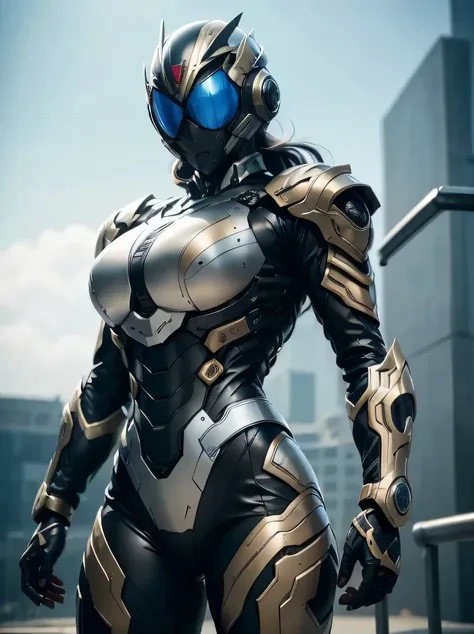 ((masterpiece、highest quality、Super detailed、High resolution、realistic、sharp focus、cinematic lighting))、1 adult female、supple physique、bust shot、high contrast、military black reinforced armor suit、intricate details、military full face helmet、full face goggle...