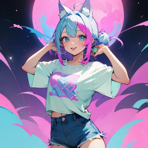 pastel colourWolf美女、pastel colourのTシャツ、denim shorts、pastel colourのスニーカー、pastel colour、pastel colour緑髪、sticking out tongue、provocative pose with eyes wide open、combing one&#39;s hair、colorful space、big full moon、Wolf、pastel colourのWolf少女