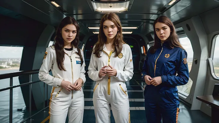 ((Greta Thunberg)) and ((Emma Watson)) in open white jumpsuits with blue and orange patches are standing on the bridge of a starship discussing another starship that can be seen on the bridges screens 