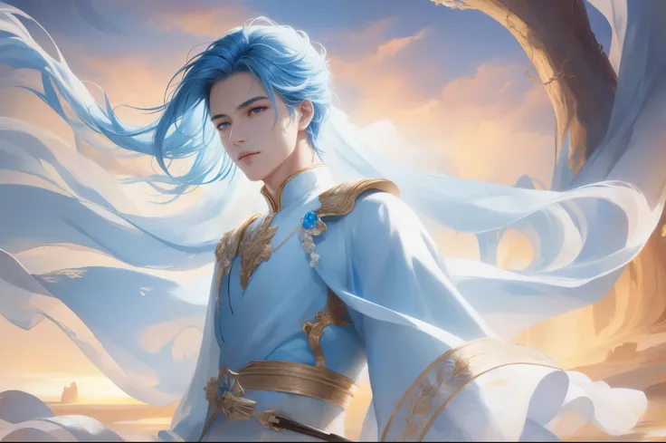 Beautiful painting, high quality, Super detailed CG illustration of a young man with a calm expression, Stare into the distance，His striking light blue hair blew gently in the desert breeze. The landscape behind him is vast and stunning, Taking viewers int...