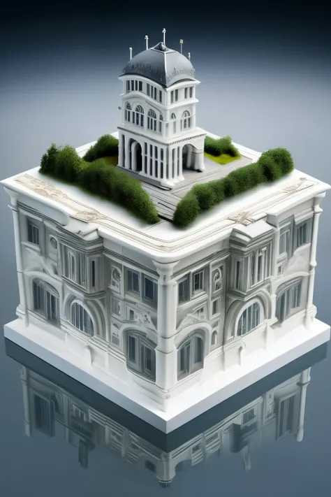 A miniature world of the French capital city, meticulously crafted in ultra-realistic 8k, features a tiny flag proudly standing on a cube. The top part of the cube is adorned with intricately detailed buildings, reminiscent of Parisian architecture. The wh...