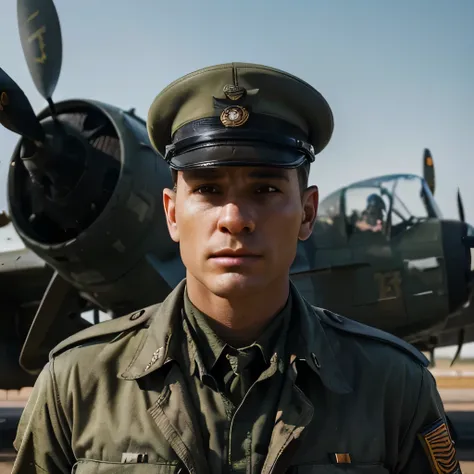 A World War II soldier in uniform, standing tall with a sense of unwavering determination, is depicted in front of a vintage military airplane, evoking the spirit of the 1940s. The soldiers attire is detailed with accurate insignias and authentic military ...