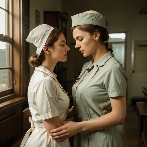 nurse,nurse in traditional uniform,caring,resilient gaze,historical,1940s,old-fashioned,hospital setting,antique,symbolizing hope,symbolizing courage,vintage atmosphere,warm colors,soft lighting,detailed face,old-fashioned hat,retro dress,old-fashioned acc...