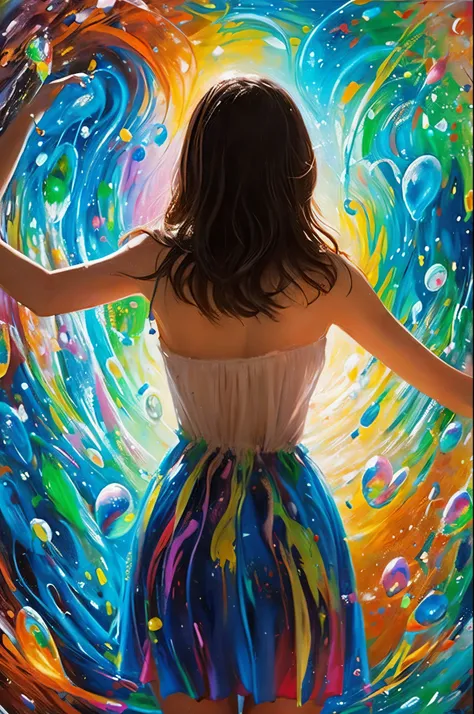 A painting that looks like it was drawn with paint, showing a girl standing with her back turned among many soap bubbles.