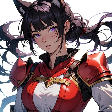 medieval anime art, masterpiece, best quality, by professional artist, female, solo, upper body portrait, detailed composition, detailed eyes, (((white background))), black hair, ponytail, bangs, fox ears, purple eyes, , wearing red and yellow armor