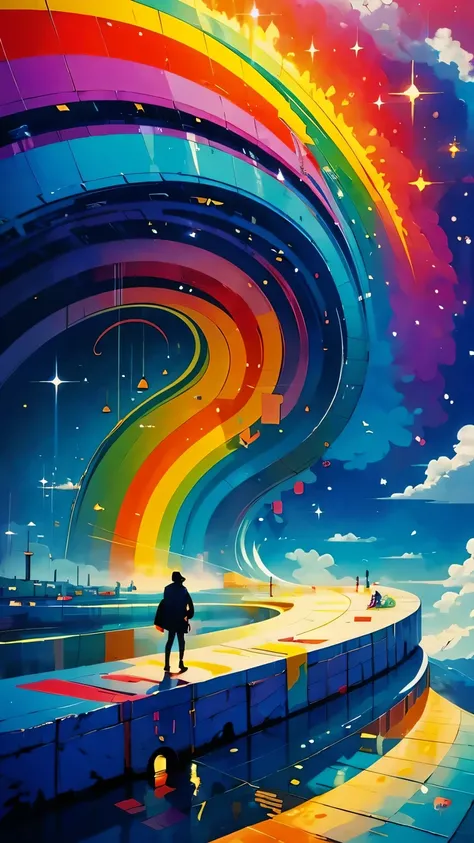 (masterpiece, best quality:1.2), Graffiti漫画，Graffiti, wall, whole picture, High resolution and high contrast,simple,knight，alone，Abstract surreal colors, popular geometric surrealism, rainbow colored dreams