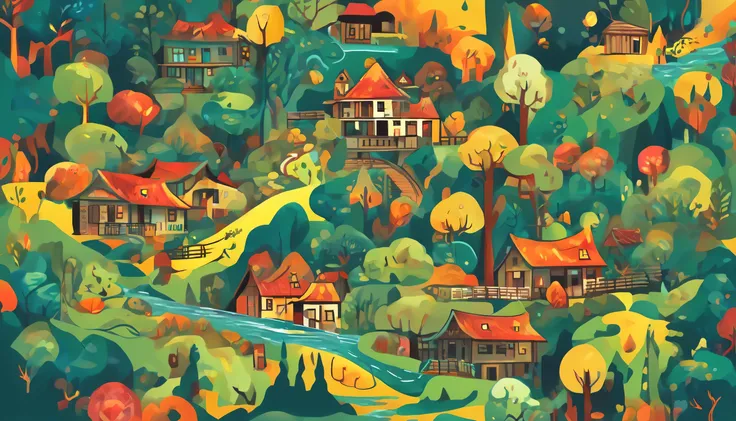 Abstract style forest, mountain, river, house . Non-representational, colors and shapes, expression of feelings, imaginative, highly detailed