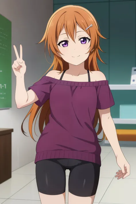 (best quality, masterpiece:1.2), (1girl, solo:1.2), smile, detailed background, (looking at viewer, solo focus:1.2), 
Konoe kanata, long hair, straight hair, purple eyes, brown hair, off-shoulder, purple t-shirt short, short sleeves, standing, two peace si...