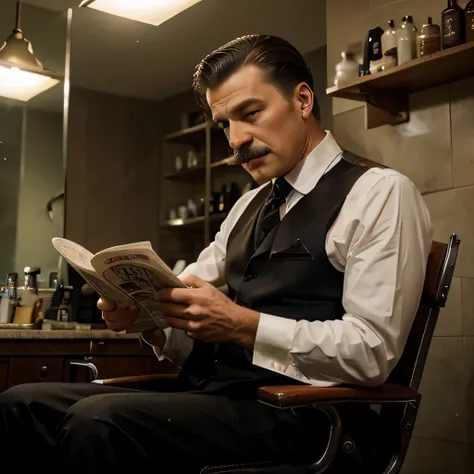 (a) A distinguished gentleman from the mid-20th century, wearing a tailored suit, sitting in a classic barbershop, reading a newspaper [nostalgic, vintage:1.1]. 
(a) The gentleman has a perfectly groomed mustache and a neatly combed slicked-back hairstyle ...