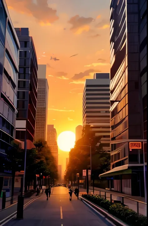 The setting sun is like fire，The warm afterglow filled the bustling streets，people in a hurry，Shuttle between high-rise buildings。