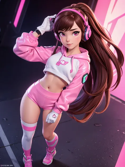 masterpiece, best quality, high resolution, 1girl, ultra high resolution, solo d.va, headphones, pink eyes, brown hair, white gl...