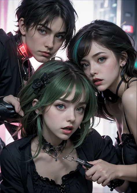 masterpiece、highest quality、Super detailed、official art、1 girl、1 boy、It looks like a male and female couple are fighting.、An angry woman and a man who calms her down、glitch art:1.5、colorful:1.5、green hair、length、Gothic Lolita Cosplay、cyber environment