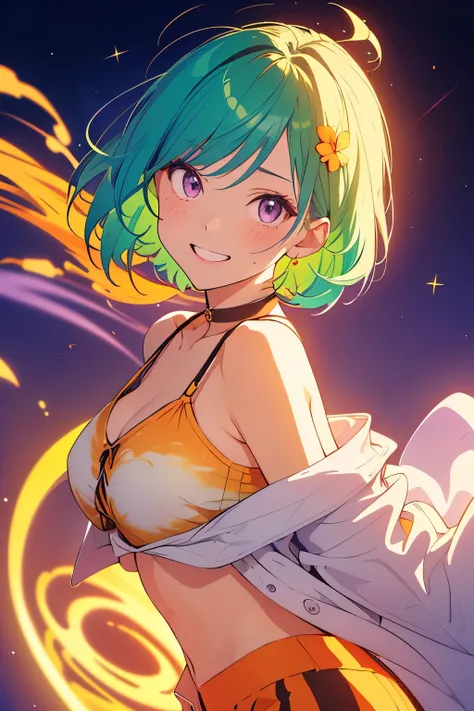 masterpiece, highest quality, 1 girl, smile, POP swirling colorful cloudy and smoke and colorful background, (Live venue) (( swirling vortex short green hair)), wear a large colorful jacket, ((Shoulders are protruding)), ((right side)), emotional face, clo...