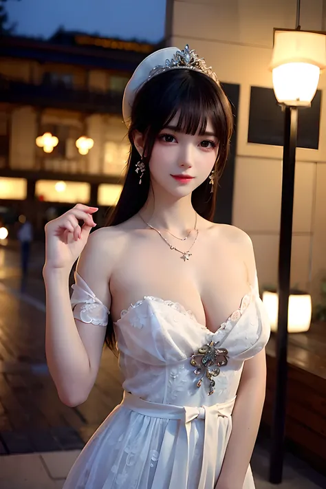 looking at camera， （极其精致beauty的作品）， （masterpiece）， 1 girl， Extremely detailed、Elegant wedding dress， have， Very detailed， ponytail twist， charming的表情， beauty清澈的眼睛， green eye pupils， exquisite necklace， Delicate earrings blur background， extremely detailed ...