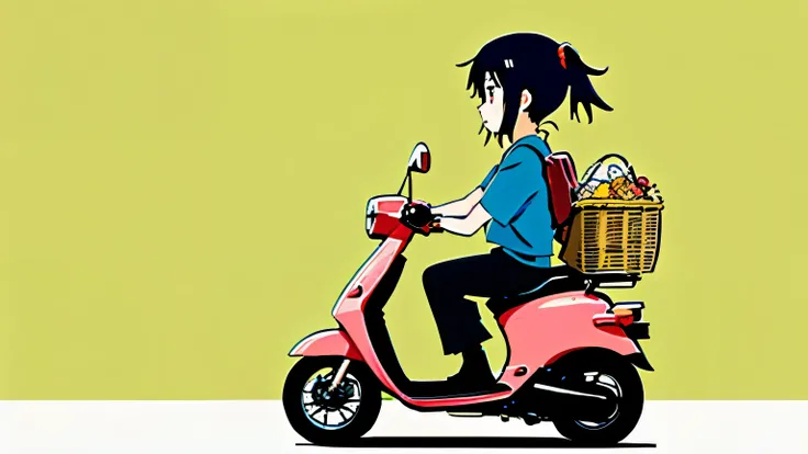 Anime girl on a scooter with a basket of food, lofi girl, 2D anime style, anime style 4k, FLCL, :14 FLCL + Akira, Kikis delivery service, Japanese animation style, anime style illustration, japanese manga style, retro anime girl, FLCL cover, cute girl anim...