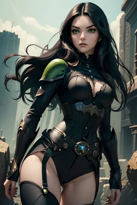 ((Solo)) ((Masterpiece)) ((High Quality)) ((Perfect Face)) ((Small Breasts)) ((Wide Hips)) ((Narrow Waist)) ((Beautiful)) ((Black Hair)) ((Long Hair)) ((Pale Skin)) ((Button Nose)) ((Green Eyes)) ((Gothic Superhero Armor))