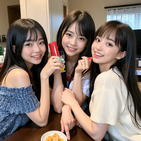 Best-quality, Masterpiece, Ultra-High-Resolution, (Photorealistic:1.4), Raw-Photo, Extremely-Details, 

(((photo of 3-girls having a lot of fun at home drinking party))), 

the most popular Japanese idols, all 15-years-old, all extremely cute faces,  all e...