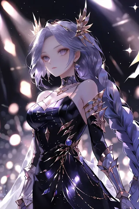 best quality, 1 girl, Keda, solo, Two braided colorful dresses, looking at the audience, upper part of body,Purple light hits the girl