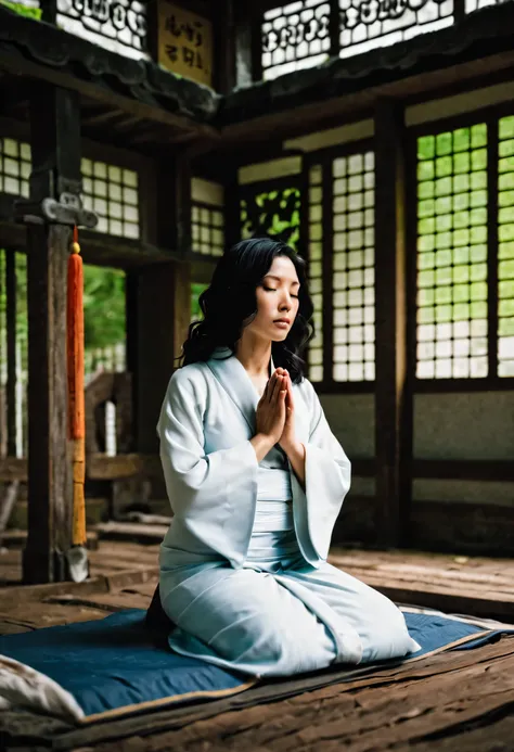 Beautiful woman with wavy black hair praying at an abandoned temple in Japan