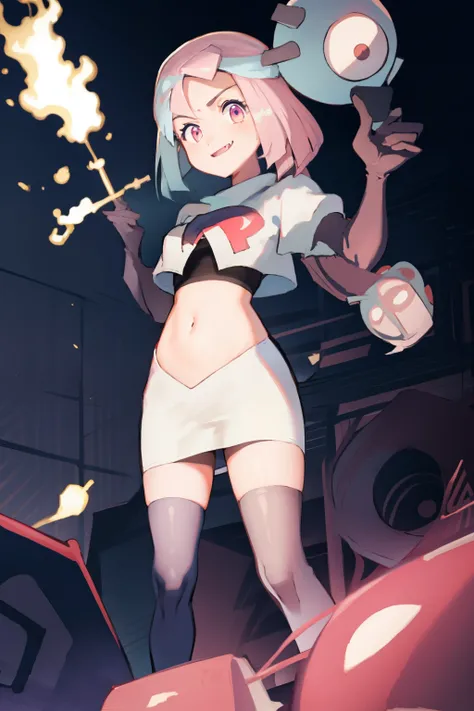 iono,1 girl,pink eyes,solo,smile,open mouth,fangs ,team rocket,team rocket uniform,white skirt,red letter R,crop top,black thigh-highs,black elbow gloves,