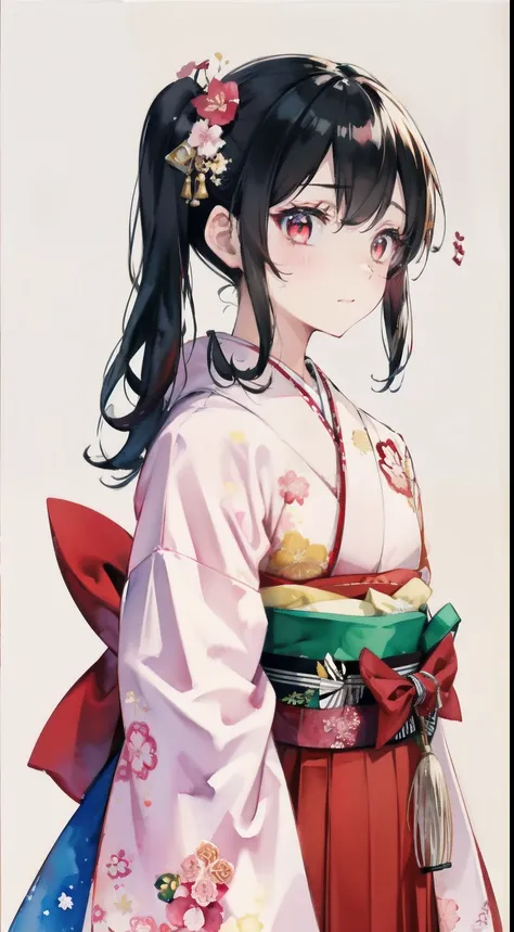 highest resolution、An illustration、1 girl、beautiful face、cute、white background、(watercolor:1.2)、2D、Upper body、black kimono、frills、pink hakama、black hair in twin tails、red lipstick、see-through bangs、Looks embarrassed、red blush under the eyeenspatula、red eye...