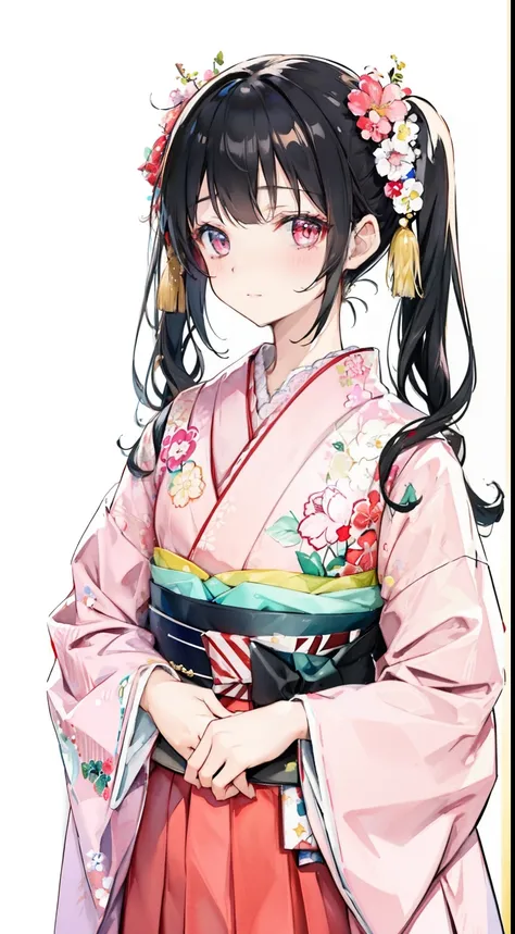 highest resolution、An illustration、1 girl、beautiful face、cute、white background、(watercolor:1.2)、2D、Upper body、black kimono、landmine、jirai、frills、pink hakama、black hair in twin tails、red lipstick、see-through bangs、Looks embarrassed、red blush under the eyes、...