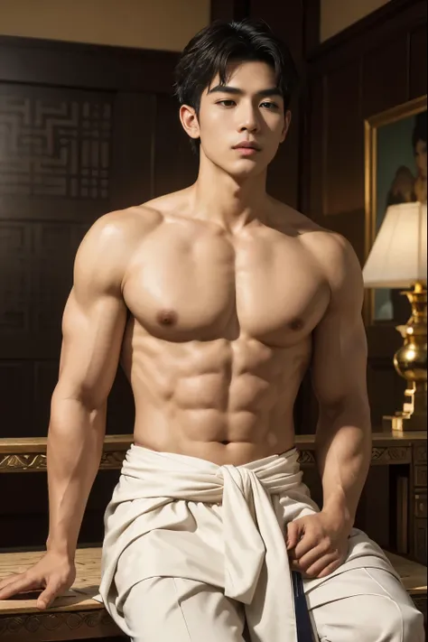 (best quality,4k,8k,highres,masterpiece:1.2),ultra-detailed,(realistic,photorealistic,photo-realistic:1.37),god,Thai Style,man,no shirt,meditate,handsome,proportional body,gold jewelry,serene expression,noble presence,closed eyes,beautiful detailed lips,da...