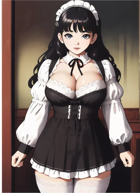 Standing several female maids, big breasts, plump, pretty face, thick body, hair, hands crossing each other, big eyes, seductive expression, showing a happy smile, black and white maid victorian outfit, lace skirt, cleavage, white tights, wet transparent c...