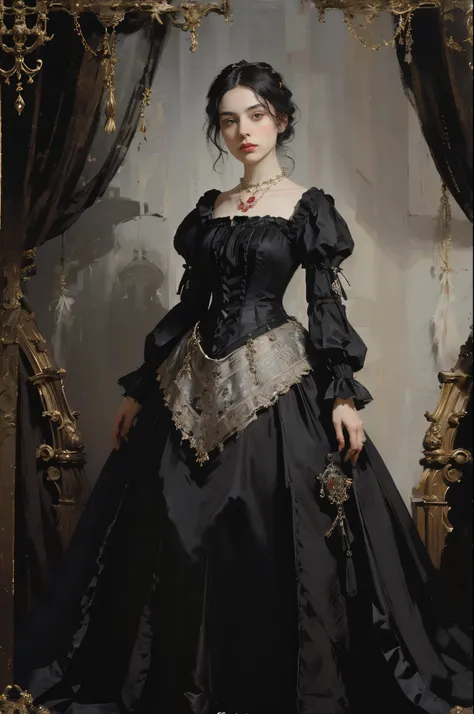 classical painting, ((portrait: 1.3)), a girl in a black dress, a formal dress of the victorian style, (victorian evening dress:...