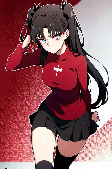 anime girl black haurhair and twintails in a red shirt, anime moe artstyle, rin tohsaka, official character art, anime girl with black hair twintails, female anime character, marin kitagawa fanart, official art, ilya kuvshinov, young anime girl, official i...