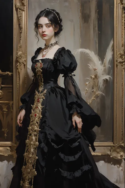 classical painting, ((portrait: 1.3)), a girl in a black dress, a formal dress of the victorian style, (victorian evening dress:...