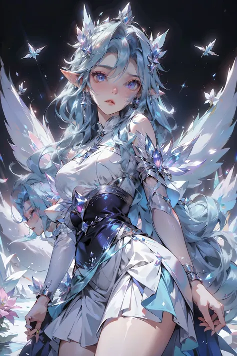 There is a doll，There is a blue skirt and a white skirt, space flower Fairy, astral Fairy, Elf, ethereal fantasy, ethereal!!!!!!!, Fairy, There are frozen flowers around her, 美麗的Fairy, water Fairy, beautiful Fairy, of ethereal fantasy, 微笑如Immortal King, Hu...