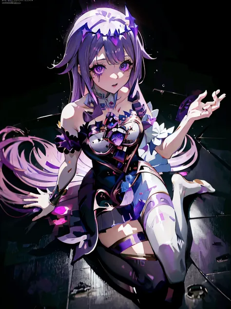 anime girl with purple hair and purple dress sitting on a stone floor, ayaka genshin impact, ahegao, shalltear from overlord, pu...