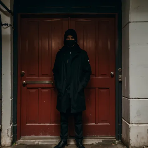 1 man standing in dark in front of red door