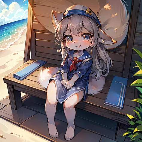 Bright outside，seaside，fox girl，female focus，Furry women，Furry loli，Characteristics of a three-year-old girl，Height 1.6 meters，gray hair，Bright Eyes，Sailor suit，sailor hat，shorts，Smile。