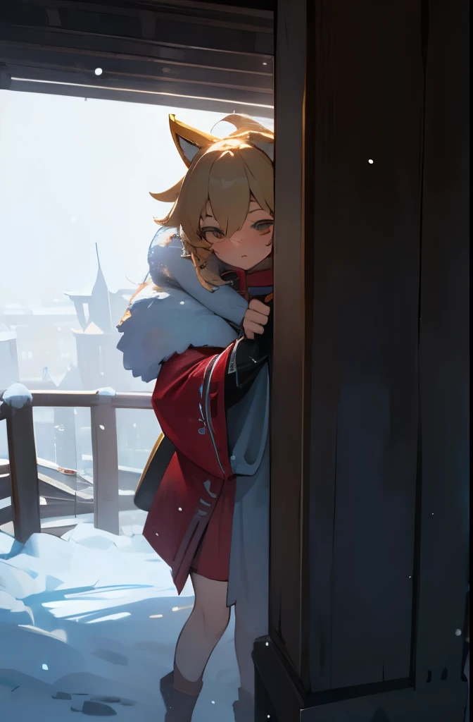 fox ears　blonde　fantasy　woman　15 years old　fantasy的　Miko costume　outside　It&#39;s snowing　cold　Its freezing　wearing a muffler