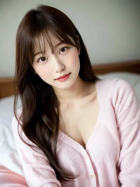 Close-up of a woman wearing a pink loungewear lying on the bed、japanese model、young sensual gravure idol、Young and cute gravure idol、リアルなyoung gravure idol、Real sensual gravure idol、young gravure idol、sophisticated gravure idol、Yoshitomo Nara、Young slender...