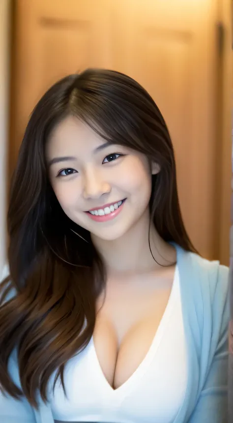 Japanese ),((beautiful girl)),cleavage,An expression that imagines something pleasant:1.2,(perfect body beauty:1.2),((perfect body)),(shy smile),beautiful teeth,