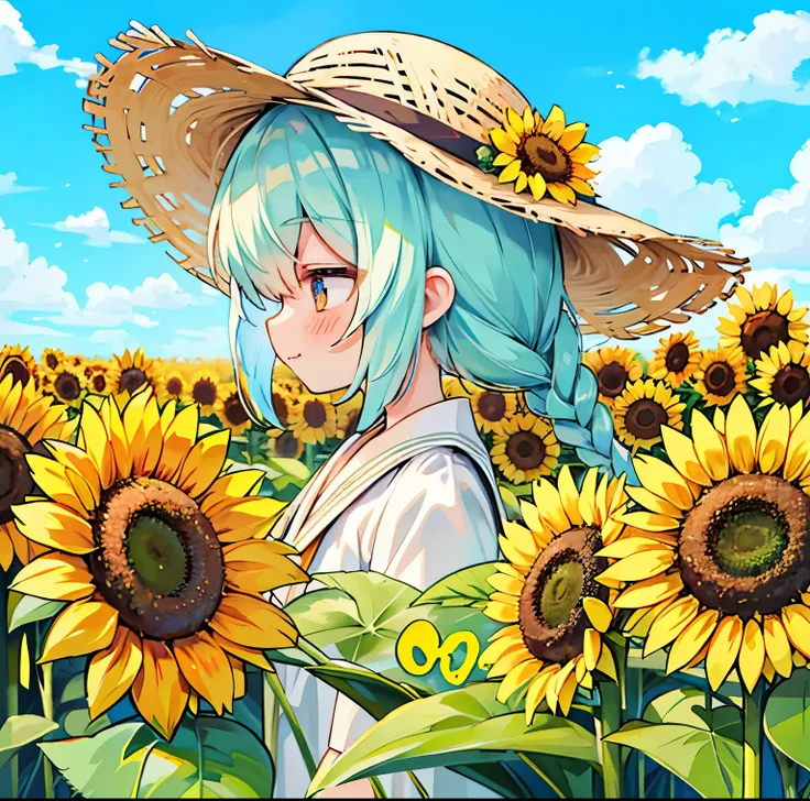 summer sky、colorful、(Girl with sunflowers:1.0)、summer sunshine、white straw hat、Unique color、profile、Landscape、portrait、(Close ~ eyes:1.0)、unique picture、Painting using the latest technology、painting、Upper body、focus on girls、Braid hair sunflower field、A su...