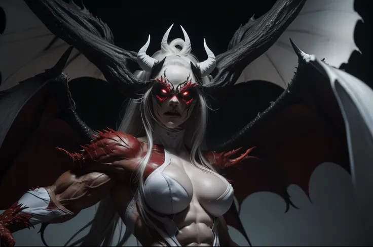 (carnage:1.5),(black and white demoness:1.5),(beautiful female model:1.5), (demoness with Large horns:1.25),(1 super muscular succubus with flayed skin:1.5), (covered in thick white muscle suit:1.5), (exposed perfect anatomy:1.5), high detail, best quality...