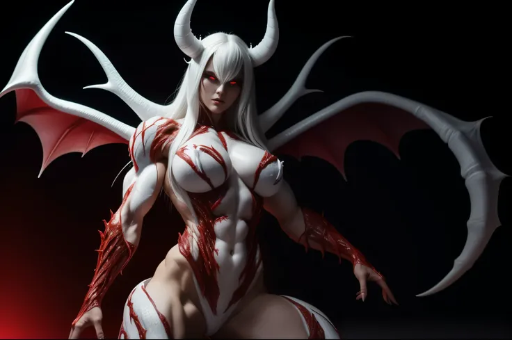 (carnage:1.5),(black and white demoness:1.5),(beautiful female model:1.5), (demoness with Large horns:1.25),(1 super muscular succubus with flayed skin:1.5), (covered in thick white muscle suit:1.5), (exposed perfect anatomy:1.5), high detail, best quality...