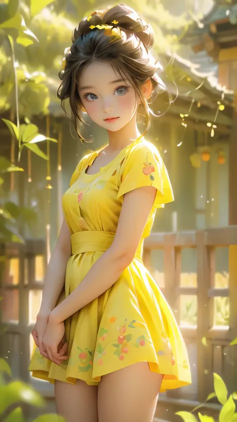 anime portrait picture of a beautiful cute teen girl in a lonely meadow, wearing flowery short yellow color swirly frock, attrac...