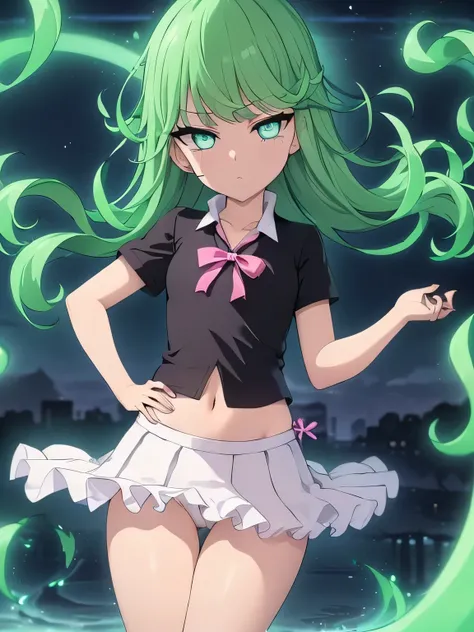 green hair,green eyes,please open your eyes wide、beautiful illustrations、highest quality、ultra high resolution、Professional specifications、open your mouth、tears in my eyes、(collar),(lead)、elementary school girl、((Navel skirt))、Transparent、(((Fold up the fr...