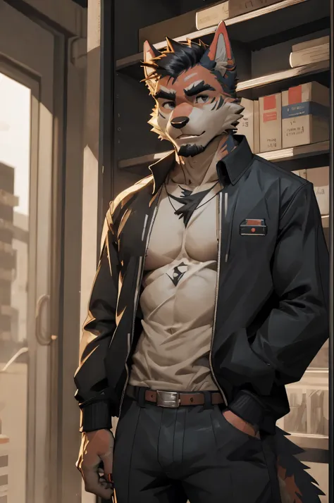 xx，dog orc boy，20 years old，furry，modern clothing，university student，working in a bookstore，furry man wearing tail